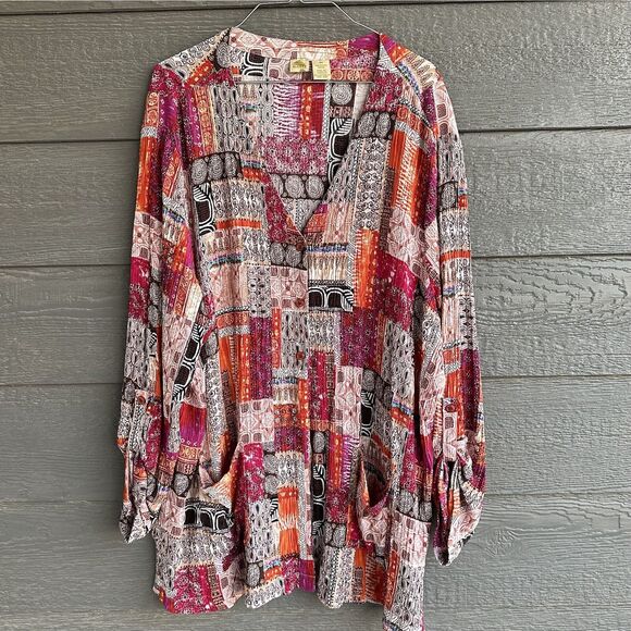 Islander Womens Patchwork 3X  Button Up Top Pockets Flowy Artsy Lagenlook Beachy - Picture 1 of 5